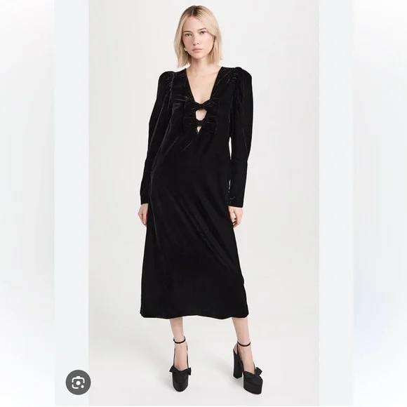 sea black velvet dress Sea New York Black Alice Embroidery Velvet Puff Sleeve Dress